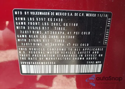 2019 Volkswagen Tiguan 2.0T Se/2.0T Sel/2.0T Sel R-Line/2.0T Sel R-Line Black from USA, damaged, VIN 3VV2B7AX6KM045954